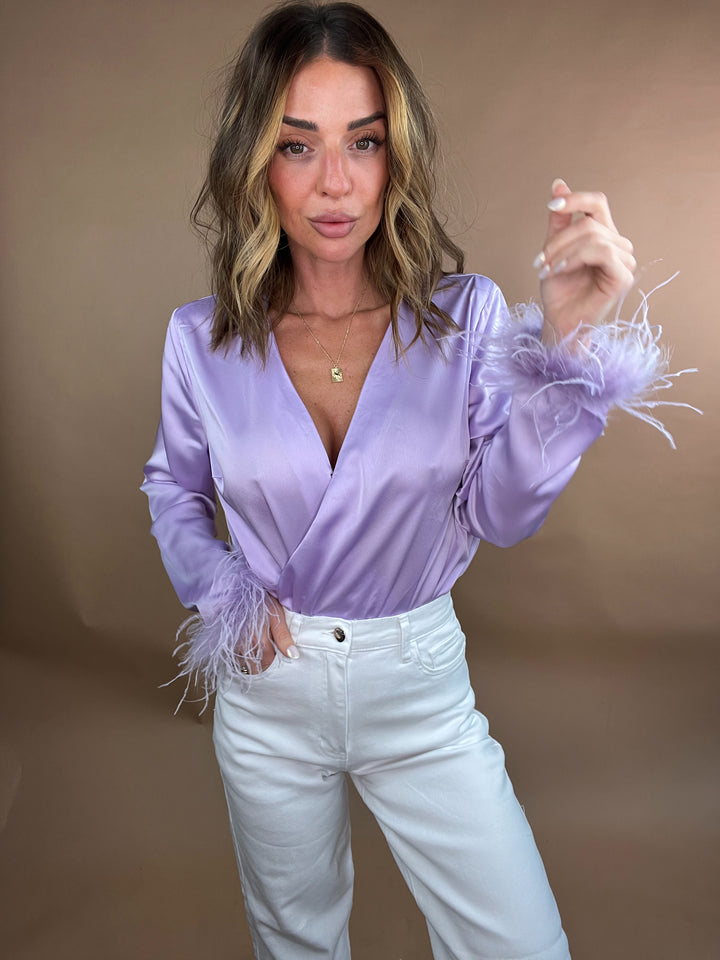 Stop & Stare Feather Trim Bodysuit in Lilac