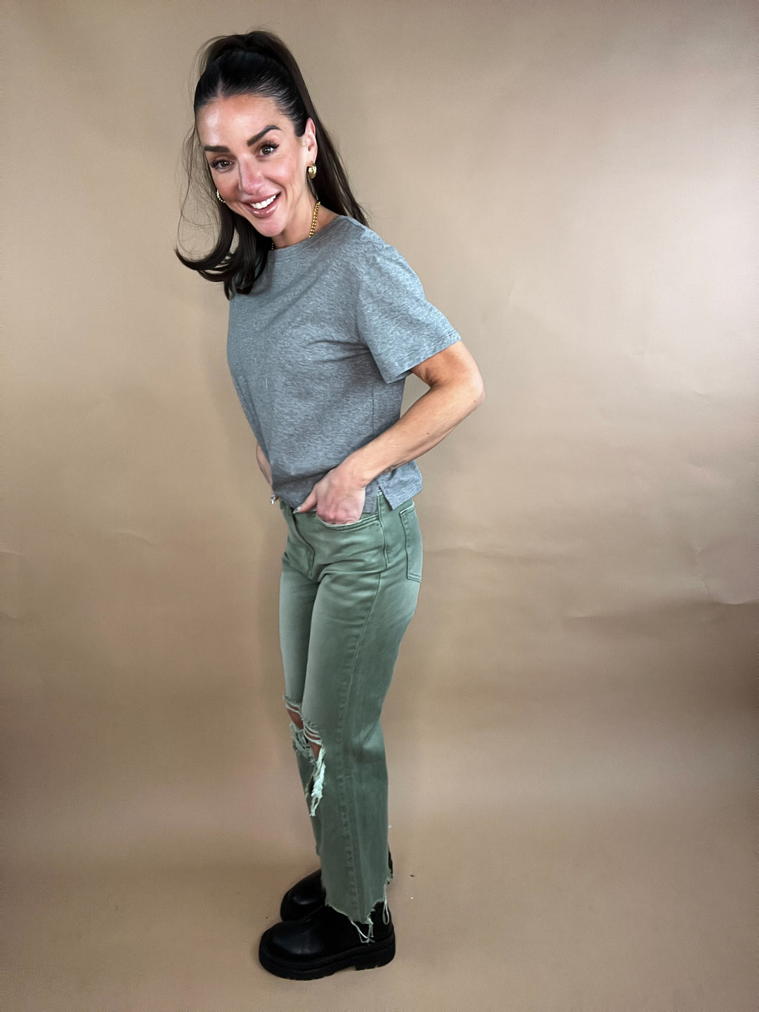 Cropped Flare Jeans in green