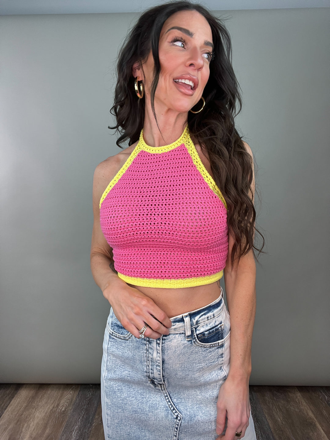 pink and yellow two tone knit halter top