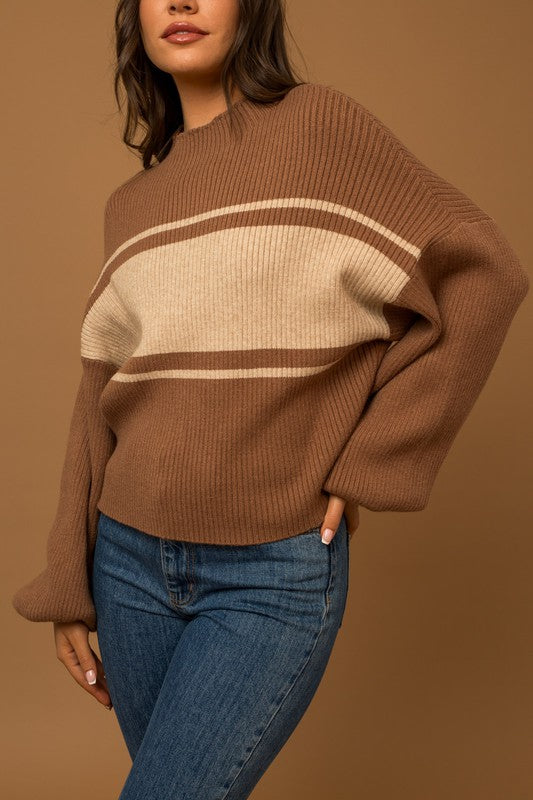 Contrast Stripe Mock Neck Sweater