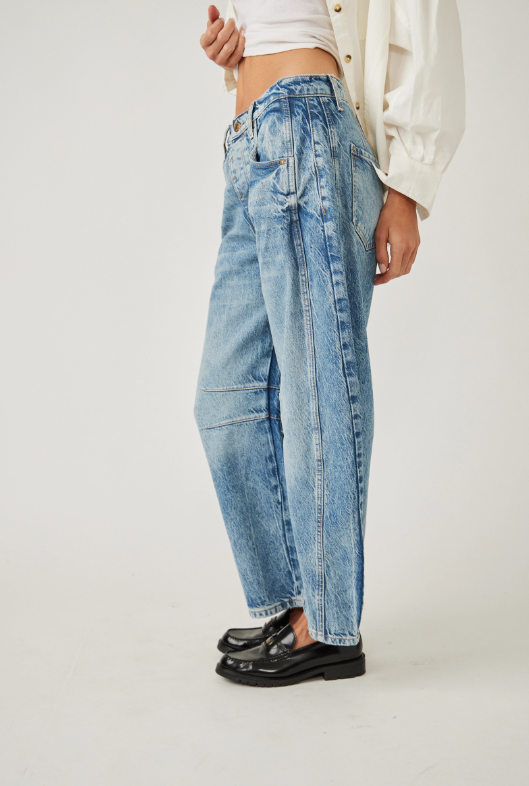 Good Luck Mid Rise Barrel Jeans by Free People in Ultra Light Beam