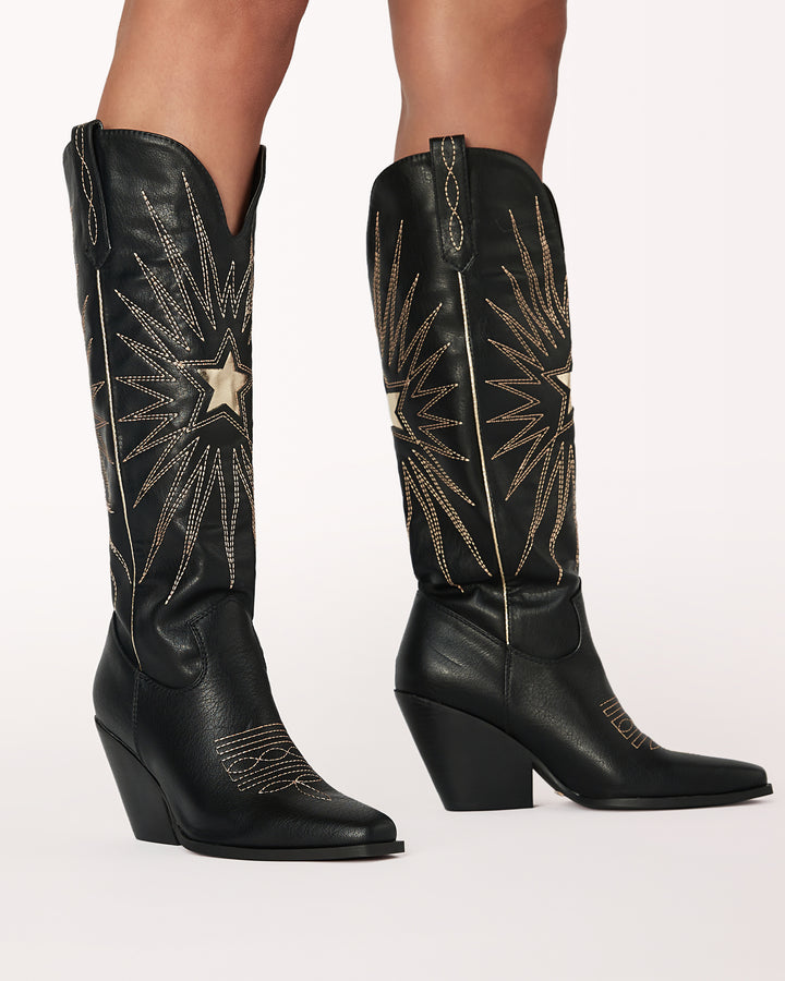 Black cowboy style boots with gold detail. Front star detail on both boots. Festival boots. Block heel 