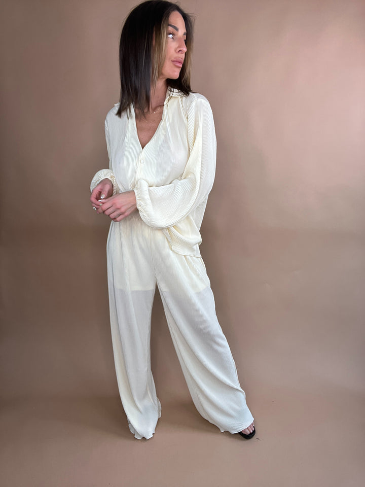 Savoy Pleated Wide Leg Pants in Ivory