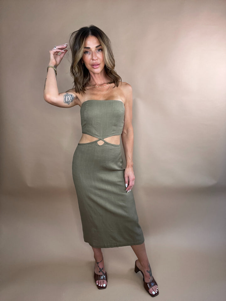 Runaway Linen Midi Dress in Olive FINAL SALE
