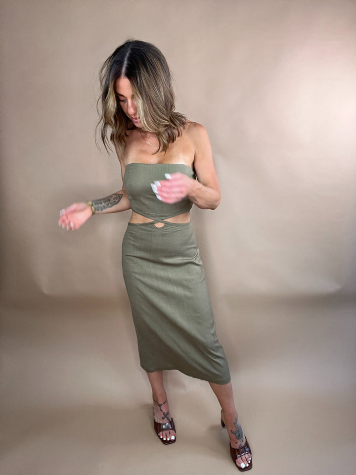 Runaway Linen Midi Dress in Olive FINAL SALE