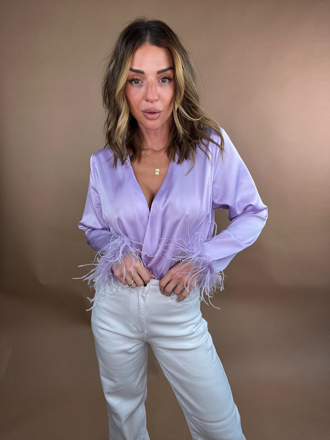 Stop & Stare Feather Trim Bodysuit in Lilac