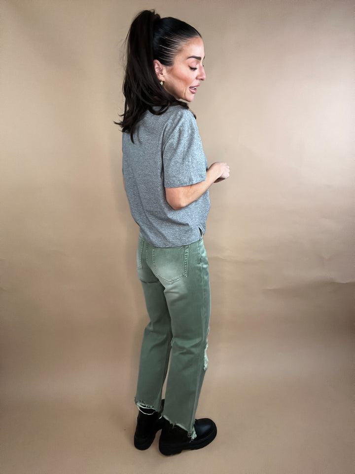 Green Cropped Flare Jeans