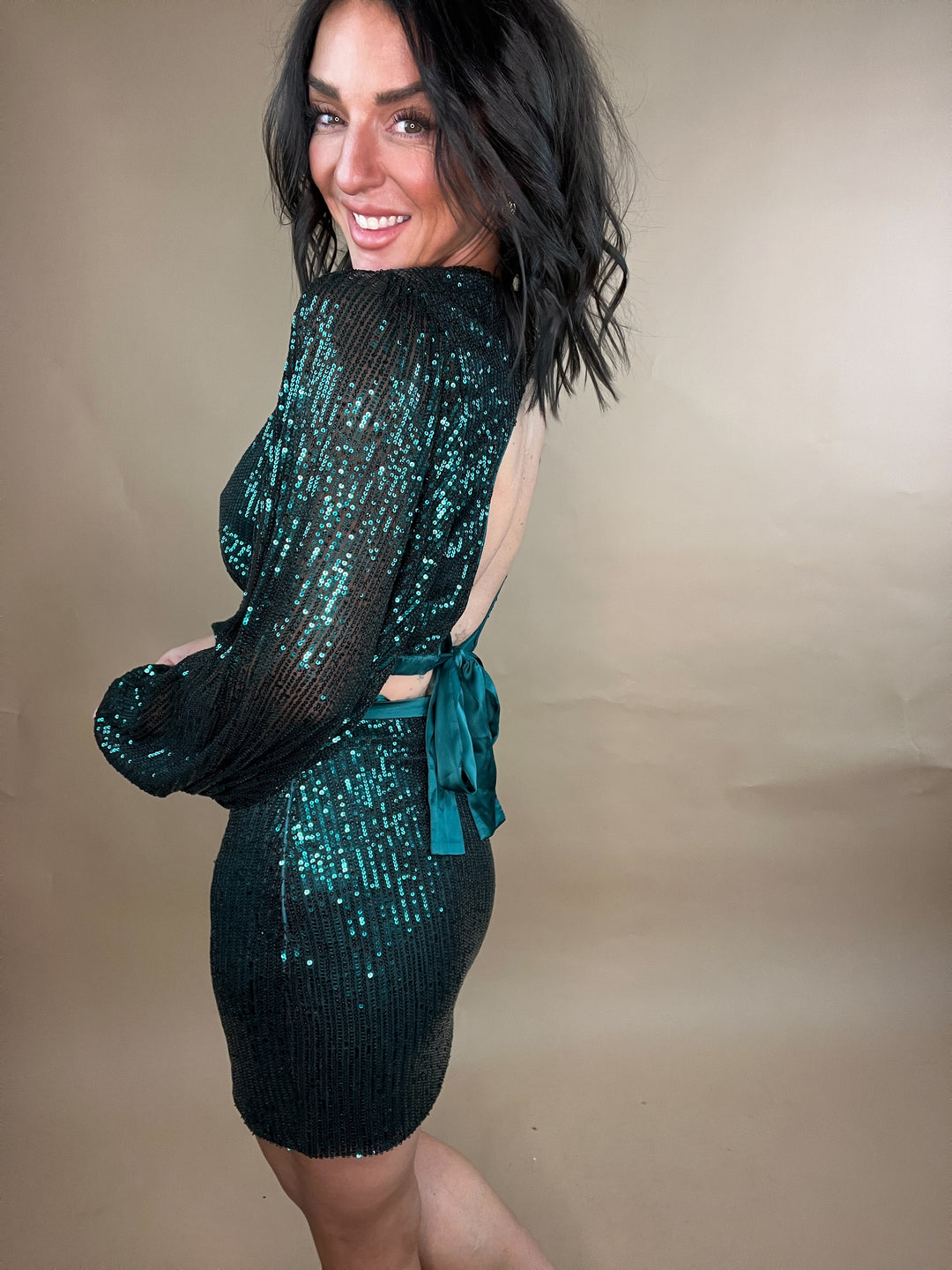 Lavern Sequin Back Tie Blouse in Teal