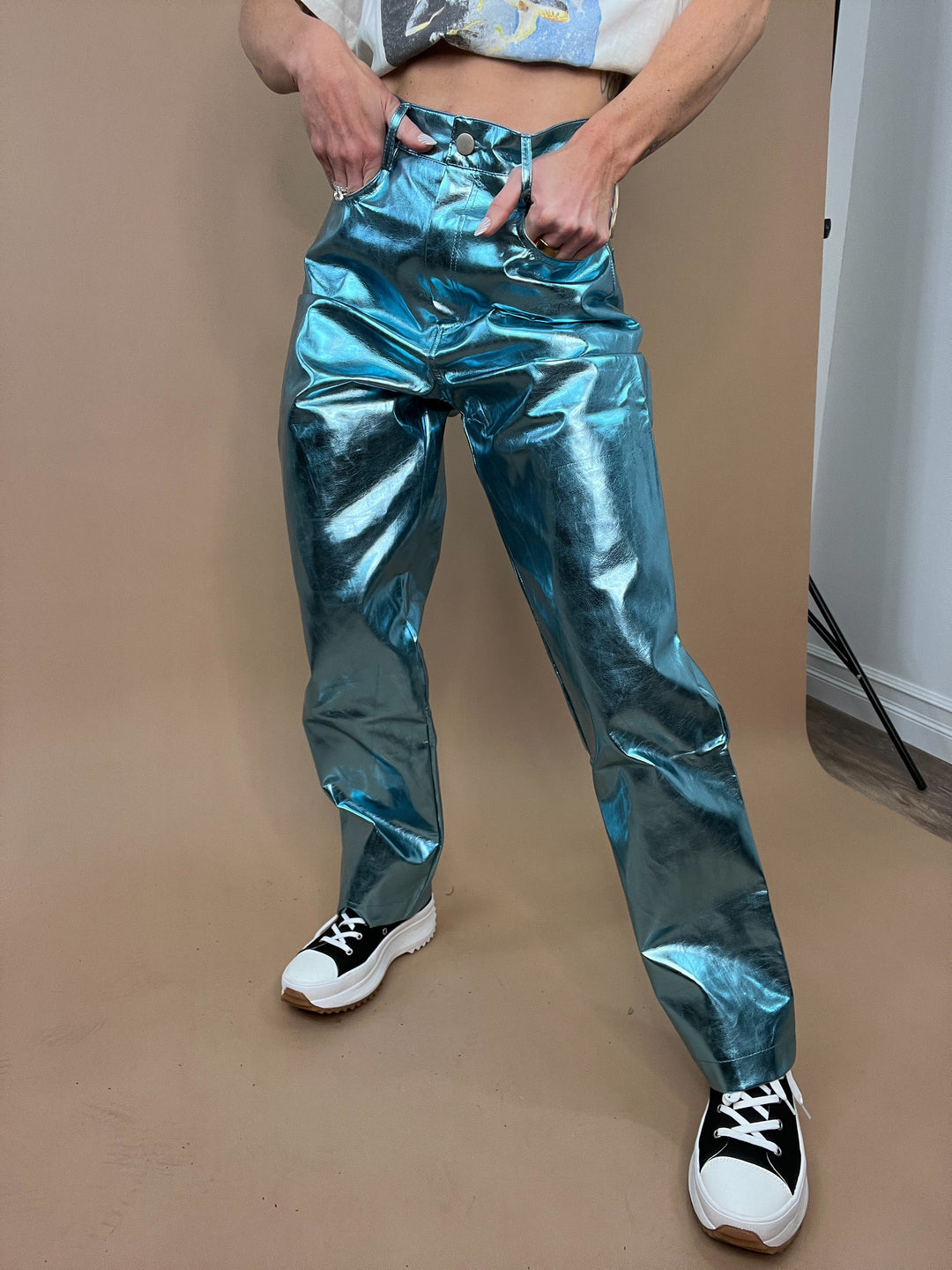 Estrella Metallic Blue Straight Leg Pants