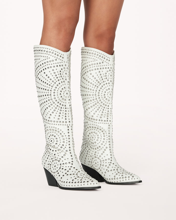 White studded cowboy style boots with black block heel. Festival boots. Wedding Boots. Silver studs throughout. 
